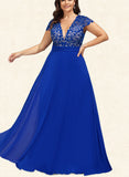 Jaiden A-Line V-neck Floor-Length Chiffon Lace Prom Dresses UKP0017605