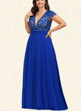 Jaiden A-Line V-neck Floor-Length Chiffon Lace Prom Dresses UKP0017605