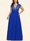 Jaiden A-Line V-neck Floor-Length Chiffon Lace Prom Dresses UKP0017605