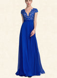 Jaiden A-Line V-neck Floor-Length Chiffon Lace Prom Dresses UKP0017605