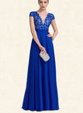 Jaiden A-Line V-neck Floor-Length Chiffon Lace Prom Dresses UKP0017605