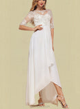 Jacqueline A-Line Boat Neck Asymmetrical Chiffon Lace Wedding Dress UKP0017609