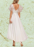 Cecelia A-Line V-neck Asymmetrical Tulle Lace Wedding Dress With Ruffle UKP0017611