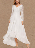 Cadence A-Line V-neck Asymmetrical Chiffon Lace Wedding Dress UKP0017613