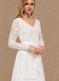 Cadence A-Line V-neck Asymmetrical Chiffon Lace Wedding Dress UKP0017613