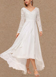 Cadence A-Line V-neck Asymmetrical Chiffon Lace Wedding Dress UKP0017613