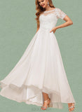 Lauren A-Line Boat Neck Asymmetrical Chiffon Lace Wedding Dress UKP0017614