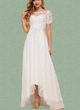 Lauren A-Line Boat Neck Asymmetrical Chiffon Lace Wedding Dress UKP0017614