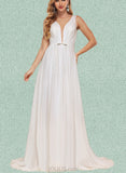 Kinsley A-Line V-neck Sweep Train Chiffon Wedding Dress With Bow(s) UKP0017618