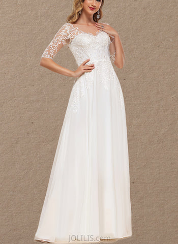 Urania A-Line V-neck Floor-Length Chiffon Lace Wedding Dress UKP0017620