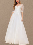 Urania A-Line V-neck Floor-Length Chiffon Lace Wedding Dress UKP0017620