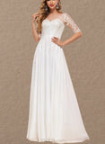 Urania A-Line V-neck Floor-Length Chiffon Lace Wedding Dress UKP0017620