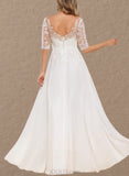 Urania A-Line V-neck Floor-Length Chiffon Lace Wedding Dress UKP0017620