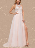 Rose A-Line Halter Sweep Train Tulle Lace Wedding Dress With Beading Sequins UKP0017621