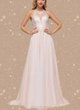 Rose A-Line Halter Sweep Train Tulle Lace Wedding Dress With Beading Sequins UKP0017621