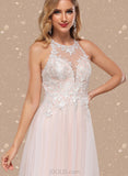 Rose A-Line Halter Sweep Train Tulle Lace Wedding Dress With Beading Sequins UKP0017621