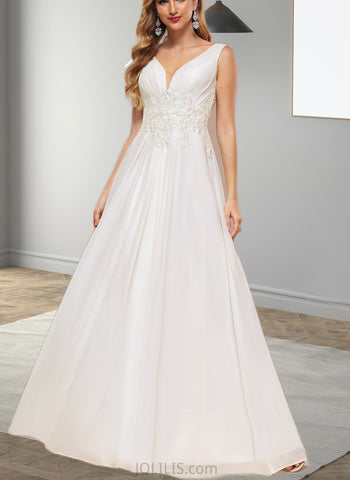 Jaylene A-Line V-neck Floor-Length Chiffon Lace Wedding Dress With Sequins UKP0017622