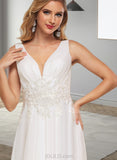 Jaylene A-Line V-neck Floor-Length Chiffon Lace Wedding Dress With Sequins UKP0017622