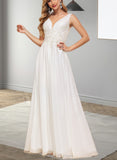 Jaylene A-Line V-neck Floor-Length Chiffon Lace Wedding Dress With Sequins UKP0017622