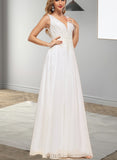 Jaylene A-Line V-neck Floor-Length Chiffon Lace Wedding Dress With Sequins UKP0017622