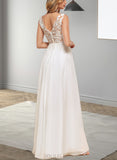 Jaylene A-Line V-neck Floor-Length Chiffon Lace Wedding Dress With Sequins UKP0017622