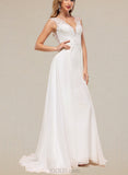 Julie A-Line V-neck Sweep Train Chiffon Lace Wedding Dress UKP0017623