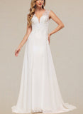 Julie A-Line V-neck Sweep Train Chiffon Lace Wedding Dress UKP0017623