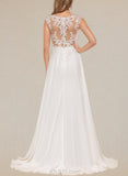 Julie A-Line V-neck Sweep Train Chiffon Lace Wedding Dress UKP0017623