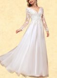 Talia A-Line V-neck Floor-Length Tulle Lace Wedding Dress With Beading Sequins UKP0017626