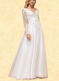 Talia A-Line V-neck Floor-Length Tulle Lace Wedding Dress With Beading Sequins UKP0017626