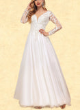 Talia A-Line V-neck Floor-Length Tulle Lace Wedding Dress With Beading Sequins UKP0017626