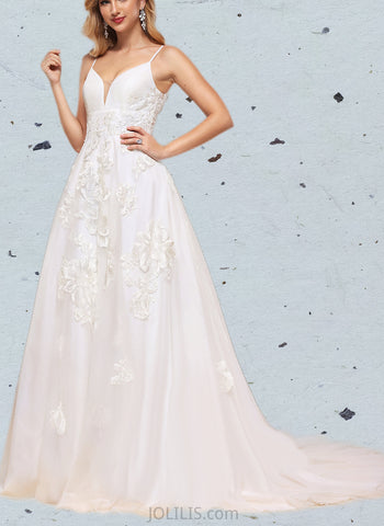 Clara Ball-Gown/Princess V-neck Court Train Tulle Lace Wedding Dress With Sequins UKP0017627