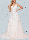 Clara Ball-Gown/Princess V-neck Court Train Tulle Lace Wedding Dress With Sequins UKP0017627