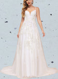 Clara Ball-Gown/Princess V-neck Court Train Tulle Lace Wedding Dress With Sequins UKP0017627