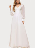 Liliana A-Line V-neck Floor-Length Chiffon Lace Wedding Dress With Sequins UKP0017628