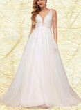 Madelynn A-Line V-neck Sweep Train Tulle Lace Wedding Dress With Sequins UKP0017630