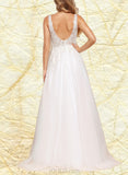 Madelynn A-Line V-neck Sweep Train Tulle Lace Wedding Dress With Sequins UKP0017630