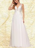 Madelynn A-Line V-neck Sweep Train Tulle Lace Wedding Dress With Sequins UKP0017630