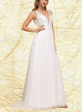 Madelynn A-Line V-neck Sweep Train Tulle Lace Wedding Dress With Sequins UKP0017630