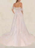 Sidney Ball-Gown/Princess Sweetheart Off-the-Shoulder Court Train Tulle Lace Wedding Dress With Ruffle Sequins UKP0017631