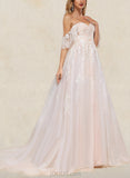 Sidney Ball-Gown/Princess Sweetheart Off-the-Shoulder Court Train Tulle Lace Wedding Dress With Ruffle Sequins UKP0017631