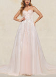 Sidney Ball-Gown/Princess Sweetheart Off-the-Shoulder Court Train Tulle Lace Wedding Dress With Ruffle Sequins UKP0017631