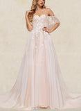 Sidney Ball-Gown/Princess Sweetheart Off-the-Shoulder Court Train Tulle Lace Wedding Dress With Ruffle Sequins UKP0017631