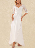 Kierra A-Line V-neck Asymmetrical Chiffon Lace Wedding Dress With Ruffle UKP0017633