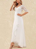 Kierra A-Line V-neck Asymmetrical Chiffon Lace Wedding Dress With Ruffle UKP0017633