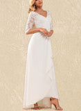 Kierra A-Line V-neck Asymmetrical Chiffon Lace Wedding Dress With Ruffle UKP0017633