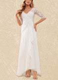 Kierra A-Line V-neck Asymmetrical Chiffon Lace Wedding Dress With Ruffle UKP0017633