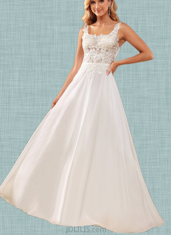 Kristina A-Line Square Floor-Length Chiffon Lace Wedding Dress With Sequins UKP0017636