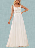 Kristina A-Line Square Floor-Length Chiffon Lace Wedding Dress With Sequins UKP0017636