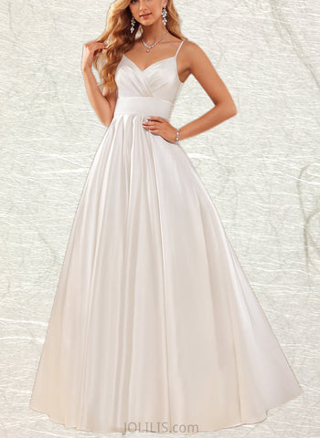 Lila Ball-Gown/Princess V-neck Floor-Length Satin Wedding Dress UKP0017637